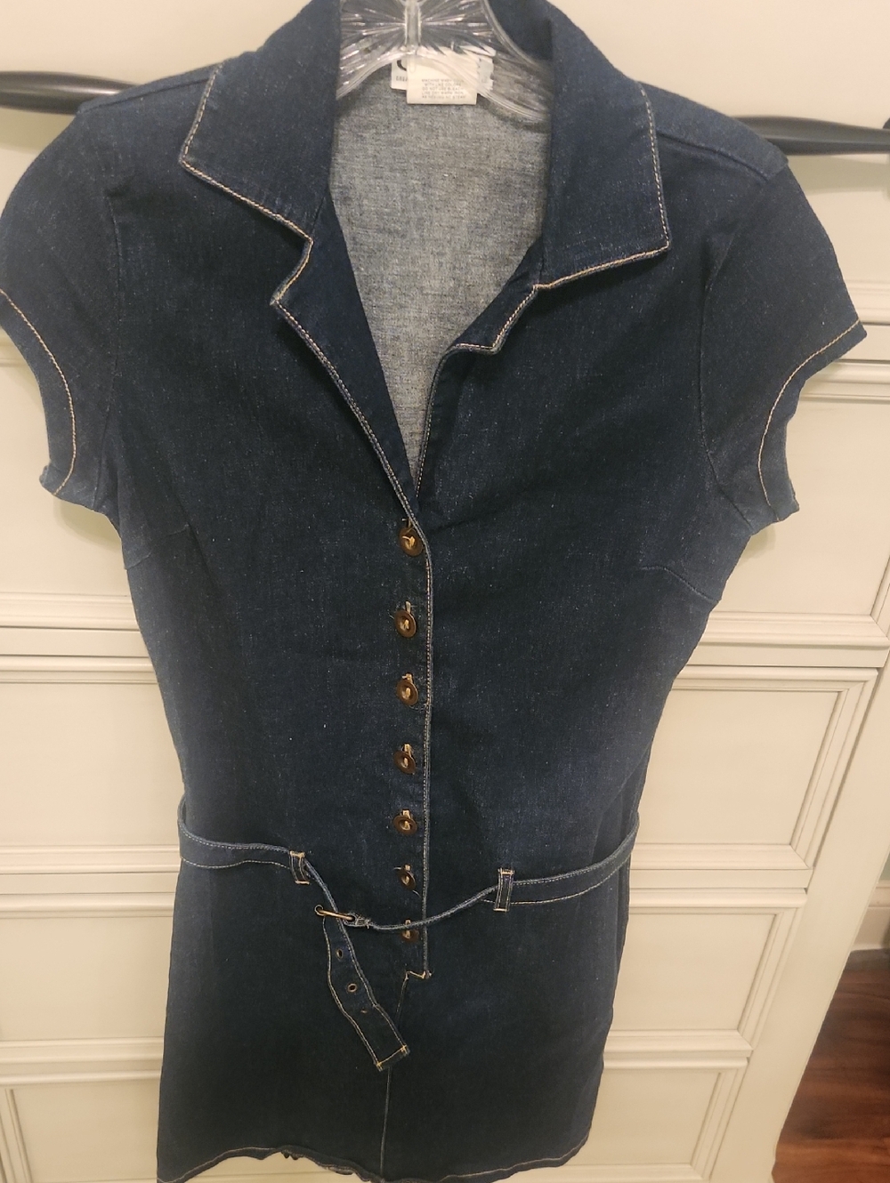 Dark Blue Denim Button-Front Women's Dress with Waist Belt
